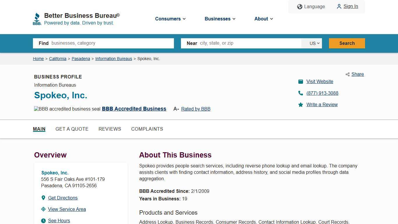 Spokeo, Inc. BBB Business Profile Better Business Bureau